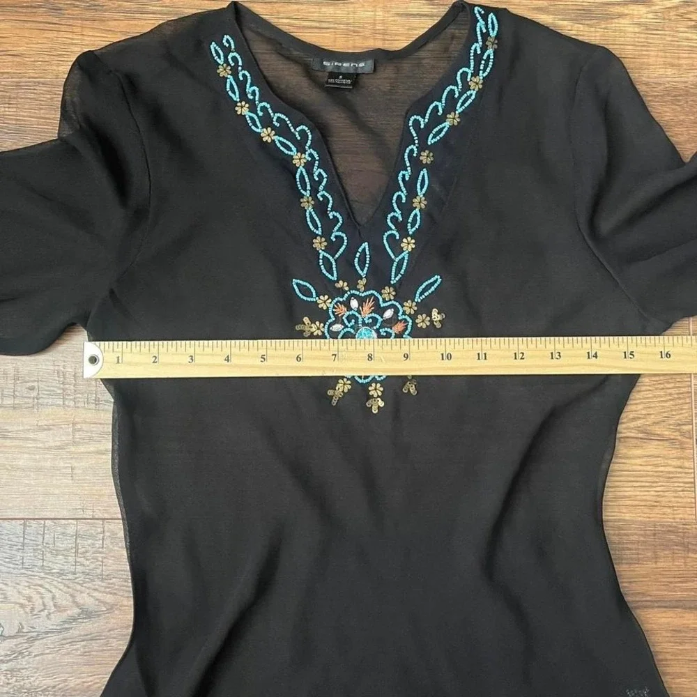 Sirens Y2K Sheer Black Beaded Blouse Women Small Fairy Boho Whimsygoth Going Out - Picture 6 of 8